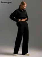 Sumuyoo Winter Thick Women Knitted Suits Cashmere Soft 2 Pieces Sets Female Polo Neck Sweater & Wide Leg Pants Knitted Outfit - Image 4