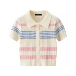 2025 New Summer Women Short Sleeve Single Breasted Short Tops + Color Striped Bodycon Short Skirts Knitted Two Piece Set Outfit - Image 2