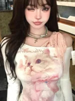 Y2k Cat Print White Off shoulder Long sleeve T shirt Women Front Pink Lace Bow Tied Basic Tops Lady Slim fit Korean Chic Tees - Image 2