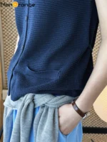 HanOrange 2026 Summer Lazy V-Neck Knit Single-breasted Vest Side Tie Design Women Sleeveless Top Black/Beige/Navy Blue - Image 3