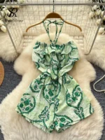 SINGREINY Bohemian Halter Holiday Bodysuits Backless High Waist Lace Up Ruffle Pocket Lazy Slim Women Summer Print Beach Rompers - Image 2