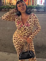 Nibber Leopard Print 2 Piece Set Women's Autumn Tracksuit Athleisure Hooded Crop Jacket + Flared Pants Stretch Matching Suit - Image 5