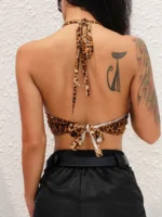 Leopard Printed Sexy Halter Crop Top Women Camis Backless Bandage Lace Up Sequins Metal Ring Tank Top 2023 Party Club Bustier - Image 3