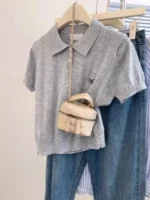 Trendy Versatile Casual Tee 2026 Summer New Women Gray Knitted Polo Neck T-shirt Cute Bow Embroidery Short Sleeve Tops - Image 3