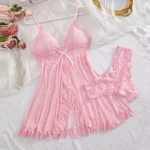 2 Pcs Set Lace Nightgown Women Exquisite Homewear New Green Nighttime Pajamas Transparent Split Nightdress V-Neck Bra Panty Sets - Image 6