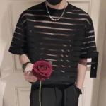 2023 Men T Shirt Mesh Striped O-neck Short Sleeve Transparent Men Clothing Streetwear Sexy Korean Fashion Tee Tops S-5XL INCERUN - Image 3