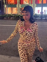 Nibber Leopard Print 2 Piece Set Women's Autumn Tracksuit Athleisure Hooded Crop Jacket + Flared Pants Stretch Matching Suit - Image 3