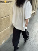 HanOrange 2025 Spring Simple Basic Solid Drop Shoulder T-shirt Casual 100% Cotton Tees Top White/Black/Light Blue/Red - Image 4