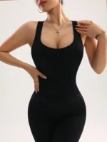 Women Workout Seamless Jumpsuit Yoga Ribbed Bodycon One Piece Square Neck Leggings Romper - Image 3