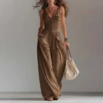Spring Sexy High Waist Pocket Long Jumpsuit Casual V Neck Button Boho Playsuit Woman New Sleeveless Summer Beach Romper Overalls - Image 4