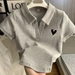 Loves Embroidery T-shirt Polo Collar Orthoshoulder Slim Hotsweet Women's Crop Top Korean Fashion Hottie Simple Casual Wholesale - Image 3
