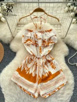 SINGREINY Bohemian Halter Holiday Bodysuits Backless High Waist Lace Up Ruffle Pocket Lazy Slim Women Summer Print Beach Rompers - Image 3