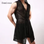 Sexy Men Hollow Out Tank Tops Sleeveless Long Vest 2022 European Style Casual Beach Shirt Clothing Open Stitch Hooded T-shirt - Image 6