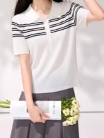 New Fashionable Polo Collar Striped Short Sleeve T-Shirt Korean Summer Preppy Style Casual Minimalist Versatile Women's Top - Image 4