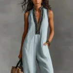 Bohemian Vacation Jumpsuit for Woman 2026 Spring Sexy Print Deep V Neck Hollow Rompers Summer Sleeveless Wide Leg Pants Overalls - Image 3