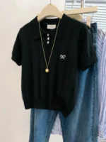 Trendy Versatile Casual Tee 2026 Summer New Women Gray Knitted Polo Neck T-shirt Cute Bow Embroidery Short Sleeve Tops - Image 5