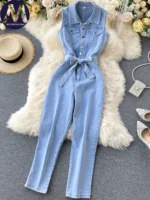 Summer Retro Sleeveless Denim Jumpsuit for Women Single Row Buckle Slim Fit Lace up Fashionable - Image 2