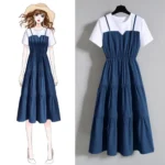 2024 Fashion Strap Fake Two piece Dress Block Summer Short sleeved Dress Women's Waist Tight Dress - Image 6