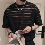 2023 Men T Shirt Mesh Striped O-neck Short Sleeve Transparent Men Clothing Streetwear Sexy Korean Fashion Tee Tops S-5XL INCERUN - Image 2