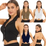 Womens Fashion Vest Shirts Separate Waistcoat Crop Tops Lapel Halter Backless Button Down Pointed Hem Vest for Party Formal Wear - Image 2