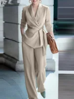 ZANZEA Classy Office Lady Blazer Suits Elegant Women Tied Waist Top and Pant 2pcs Outfit 2025 Trend Streetwear Commute Pant Sets - Image 3