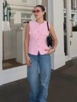HH Summer Women Tweed Waistcoat With Belt Vintage Solid O Neck Sleeveless Front Button Vests Tops Lady High Street Outerwear - Image 5