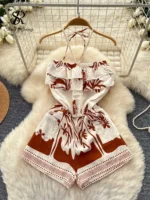 SINGREINY Bohemian Halter Holiday Bodysuits Backless High Waist Lace Up Ruffle Pocket Lazy Slim Women Summer Print Beach Rompers - Image 4