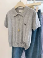 Trendy Versatile Casual Tee 2026 Summer New Women Gray Knitted Polo Neck T-shirt Cute Bow Embroidery Short Sleeve Tops - Image 2
