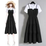 2024 Fashion Strap Fake Two piece Dress Block Summer Short sleeved Dress Women's Waist Tight Dress - Image 5