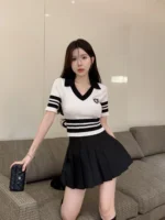 GAODINGLAN Polo V Neck Knitted T-shirt Women Short Sleeve Slim Tight Sexy Crop Tops Summer High Waist Y2k Short Bottom Tees - Image 3