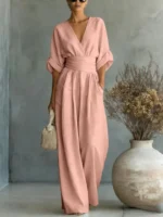 2026 Spring Deep V Neck Women's Jumpsuits Elegant Solid High Waist Rompers Casual Wide Leg Pants Pocket Overalls Vacation Outfit - Image 5