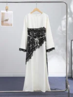 Chic Lace Patchwork Women Long Dress 2026 Summer Long Sleeve O-neck Lace Up Female Robe Elegant Fashion Loose Lady Robes - Image 4