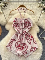 SINGREINY Bohemian Halter Holiday Bodysuits Backless High Waist Lace Up Ruffle Pocket Lazy Slim Women Summer Print Beach Rompers - Image 5
