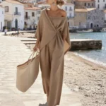 Fashion Streetwear Jumpsuits for Woman Spring Off Shoulder Batwing Sleeve Wrap Tie Waist Rompers Elegant Wide Leg Overalls Mujer - Image 3