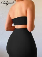 Dulzura Solid Women 2 Piece Set Tube Crop Top Midi Skirt Bodycon Sexy Streetwear Party Club Elegant Matching Co Ords 2021 Summer - Image 2