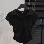 Cotton Summer Sexy Women's T Shirt Skinny Slim Basic Solid Crop Top Short Sleeve Polo TShirtCasual Top Tee for Women - Image 5