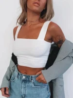 Square Neck Sleeveless Summer Crop Top White Women Black Casual Basic T Shirt Off Shoulder Cami Sexy Backless Tank Top - Image 2