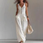 Spring Sexy High Waist Pocket Long Jumpsuit Casual V Neck Button Boho Playsuit Woman New Sleeveless Summer Beach Romper Overalls - Image 5