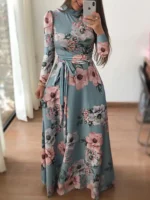 Women's Slim Dresses Casual Long Sleeve Round Neck Flower Printed Dress Strap Floor-Length Long Skirt Women's Clothing - Image 3