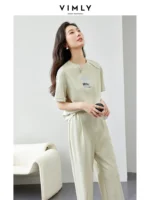 VIMLY Sporty Blouse Matching Sets For Women Summer Simple Loose Printed Top+Casual Elastic Waist Wide-Leg Pants Two Piece Set - Image 3