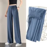 1pcs Summer Women Ice Silk Pant Female High Elastic Waist Drawstring Pocket Loose Straight Trousers Student Sports Straight Pant - Image 4