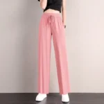 1pcs Summer Women Ice Silk Pant Female High Elastic Waist Drawstring Pocket Loose Straight Trousers Student Sports Straight Pant - Image 3
