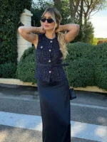 HH Women Fashion Golden Buttons O-Neck Sleeveless Waistcoat Elegant Tweed Vest With Belt 2025 Spring Female Outerwear Tops - Image 3