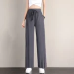 1pcs Summer Women Ice Silk Pant Female High Elastic Waist Drawstring Pocket Loose Straight Trousers Student Sports Straight Pant - Image 5