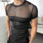 2025 Men T Shirt Mesh Patchwork See Through Summer Skinny Men Clothing Streetwear Sexy INCERUN Fashion Party Camisetas Tee Tops - Image 4