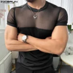2025 Men T Shirt Mesh Patchwork See Through Summer Skinny Men Clothing Streetwear Sexy INCERUN Fashion Party Camisetas Tee Tops - Image 3