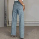 2025 Women Jeans Straight Diamonds Pants Stretch High Waist Washed Mom Jeans Y2k Streetwear Trousers Vintage Denims Streetwear - Image 2