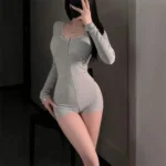 Women's Short Jumpsuits Slim Fit Stretch One Piece Yoga Playsuits Romper Sexy Fitness Grey Basic Low-cut Zipper Sportwears - Image 2