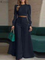 2025 ZANZEA Autumn Pant Sets 2PCS Women Outfits Long Sleeve Cropped Tops Wide Leg Trousers Solid Tracksuits Suit Matching Sets - Image 3