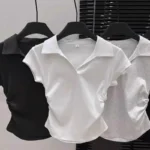 Cotton Summer Sexy Women's T Shirt Skinny Slim Basic Solid Crop Top Short Sleeve Polo TShirtCasual Top Tee for Women - Image 3